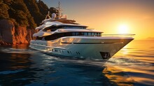 Big Luxury Yacht At Sunset Sailing Through The Sea With A Cloudy Orange Sky On The Background. Large Superyacht Sailing On A Sunny Evening With Clear Calm Water. Giant Mega Yacht In The Open Sea Water