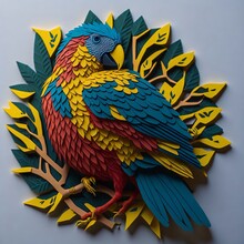 Colorfull Parrot At Branch Of A Tree. Kirigami Style.