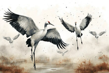  Flock Of Cranes Painting, Crane Background Design, Watercolor Style