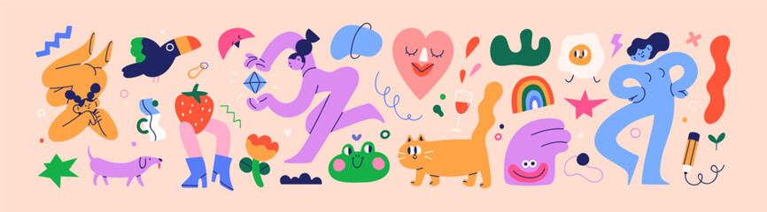 Fototapete - Abstract shapes, people, creative design elements, funny doodle items, animals in modern style. Trendy decorative clipart set. Cool funky decorations bundle. Isolated flat graphic vector illustrations