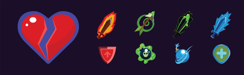 Poster - Mobile Game Assets with Sword, Arrow, Heart, Bomb and Shield Vector Set