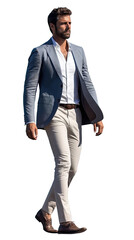 Wall Mural - Isolated handsome confident man wearing a blue jacket and beige chinos trousers, walking, cutout on transparent background, ready for architectural visualisation.	