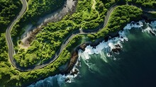 Generative AI, Aerial View Of Curved Asphalt Road Near The Ocean Or Sea, Coastline