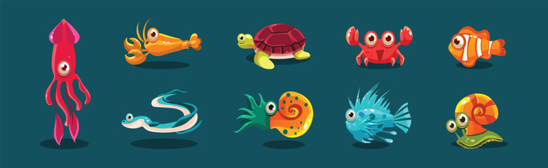 Sticker - Big Eyed Sea Animal and Marine Creature Vector Set