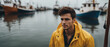 A fisherman in a yellow raincoat on a pier near fishing vessels. Generative AI.