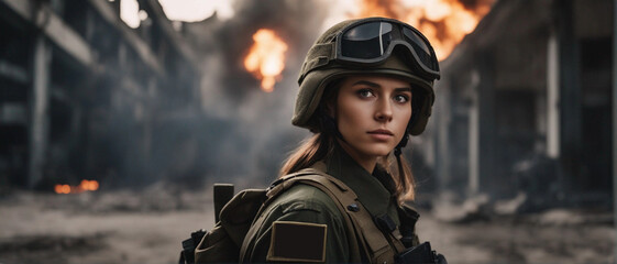 A beautiful military girl against the background of military operations. Generative AI.