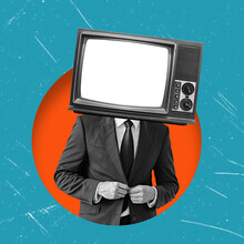 Business man with retro TV instead of head on blue background, surrealism