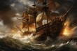 An ancient pirate galleon battles fierce waves on the high seas during a tempestuous storm. Generative AI