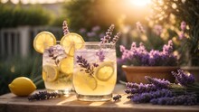 Two Glasses Of Lemonade And Lavender Flowers In The Garden, Golden Hour, Sunse. Ai Generated