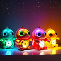 Wall Mural - four small robots with watches, toys for child development
