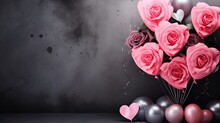 Bouquet Of Pink Roses And Balloons On Black Background With Copy Space