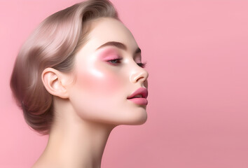 Wall Mural - Fashion editorial Concept. Closeup portrait of stunning pretty woman with chiseled features, pink makeup and hair. illuminated with dynamic composition and dramatic lighting. copy text space	
