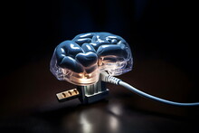 The Human Brain With A Flash Drive On The Table Is Being Charged From The Outlet. Brain Close-up On A Black Background.
