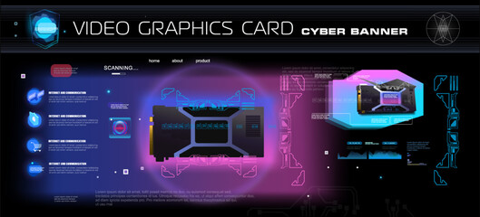 Wall Mural - Video card for computer. Technology cyber banner. Powerful digital system with development of computer chips and electronic boards. Realistic video card with neon illumination