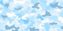 Seamless Rough Light Pastel Blue And White Camouflage Fabric Pattern. Cute Contemporary Abstract Playful Paintball Camo Background Texture. Boy's Clothing, Baby Shower, Nursery Wallpaper,Generative AI