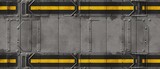 Seamless concrete or galvanized metal wall or floor panel background texture. Tileable silver grey with black and yellow warning stripe scifi spaceship runway or docking bay pattern. Generative AI