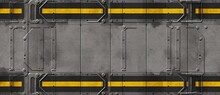 Seamless Concrete Or Galvanized Metal Wall Or Floor Panel Background Texture. Tileable Silver Grey With Black And Yellow Warning Stripe Scifi Spaceship Runway Or Docking Bay Pattern. Generative AI