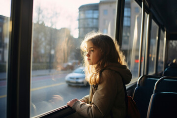 AI generated. Little girl standing in bus looking out window