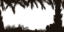 Tropical Area Silhouette Frame / Illustration Horizontal Frame With Trees, Palms, Grass, Branches, Leaves