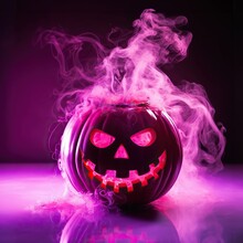 A Vibrant, Magenta And Purple Carved Pumpkin Releases A Mysterious Smoke, Evoking The Feeling Of Spooky Halloween Excitement