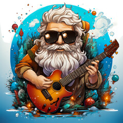 Poster - Old man with beard and glasses playing guitar.