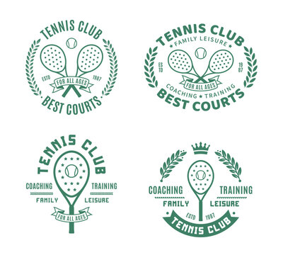 Tennis club logo. Sport labels with sample text. Tennis emblems for tournament, recreation and clubhouse