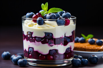 Poster - Close up of dessert with blueberries and cream.