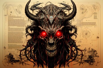 Wall Mural - Drawing of demon with red eyes on sheet of paper.