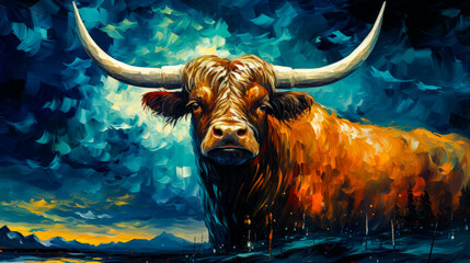 Wall Mural - Image of bull with large horns standing in body of water.