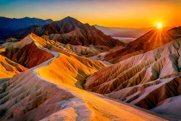 Wall Mural - colorful sunrise in zabriskie point, death valley national park, california, usa; colorful mountains on the desert. Ai Generated