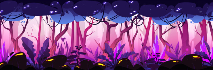 Wall Mural - Magic forest background - horizontal panoramic misty backdrop with pink and purple tree trunks, bushes and plants with glowing elements. Cartoon vector scenery of fantasy woodland or jungle.