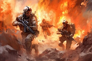 Wall Mural - Group of soldiers watercolor illustration - Generative AI.