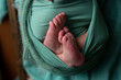 © Svetlana - feet of a newborn baby. baby feet. legs on a green background. child
