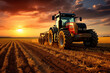 Tractor on the barley field by sunset. Generative AI.