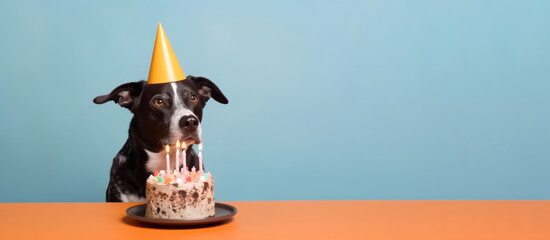 Portrait of cute dog with birthday cake and hat isolated on purple background with big copy space right. Pet birthday celebration concept.