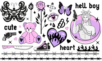 Wall Mural - Y2k 2000s cute emo goth aesthetic stickers, tattoo art elements and slogan. Vintage pink and black gloomy set. Gothic concept of creepy love. Vector illustration