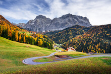 Winding Road At The Autumn Dolomite Alps. Amazing Landscape With Mountains On Background At San Genesio Village Location, Province Of Bolzano, South Tyrol, Italy