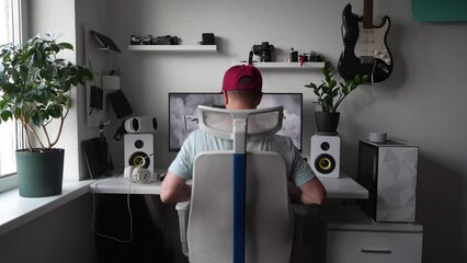 Poster - A man sits down at a computer desk and starts working at a PC. Comfortable comfortable home office in bright colors.