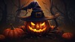 Halloween spooky background, scary pumpkins with smoke in old big creepy ghosts house  dark smoky mysterious backdrop concept .Ai Generated