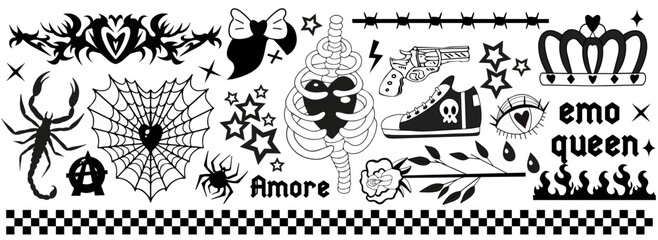 Sticker - Y2k 2000s black grunge emo goth aesthetic stickers, tattoo art elements and slogan. Punk rock gloomy set. Gothic concept of creepy love. Vector illustration