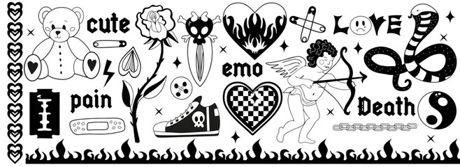 Wall Mural - Y2k 2000s black grunge emo goth aesthetic stickers, tattoo art elements and slogan. Punk rock gloomy set. Gothic concept of creepy love. Vector illustration