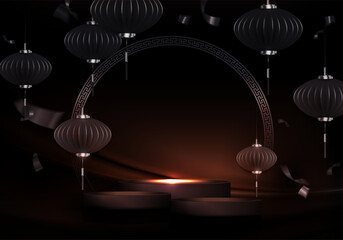 Wall Mural - Dark illustration, with podium, Chinese lanterns in paper art style