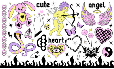 Wall Mural - Y2k 2000s cute emo goth aesthetic stickers, tattoo art elements and slogan. Vintage pink and black gloomy set. Gothic concept of creepy love. Vector illustration