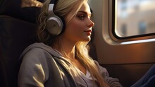 woman listening to streaming music in public transport