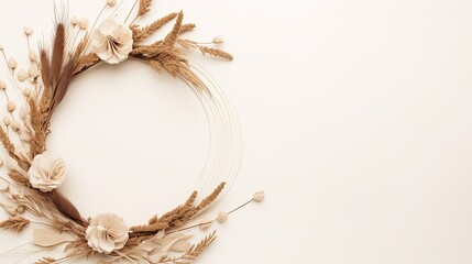 Poster - Flatlay boho floral template Wreath frame with dried grass stems on a white background with copy space. Mockup image