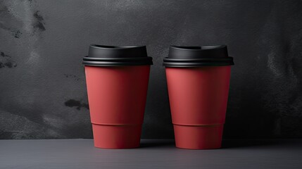 Aufkleber - Two disposable coffee cups with lids and a blank business card on a concrete background . Mockup image