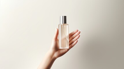 Poster - Female hand holding glass bottle of foundation cream on light gray background with branding mockup Ample space for text