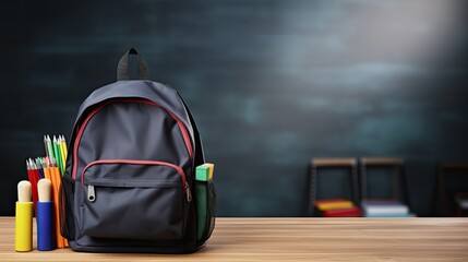 Sticker - Mockup template featuring colorful crayons on a blackboard background along with a backpack books and shoes