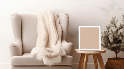 Poster - Blank screen on cozy armchair Aesthetic template with copy space Online store blog branding Shopping concept. Mockup image