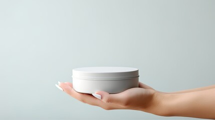 Poster - Hand of woman holding empty circular tin container for lip balm or cream on light gray background Cosmetic product branding presentation Space for text . Mockup image